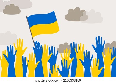 Manifestation of protest against the war in Ukraine. The people hold the national flag in their hands against the background of gloomy clouds. War between Russia and Ukraine February 24, 2022. Vector.