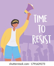 manifestation protest, young woman holding megaphone activist vector illustration