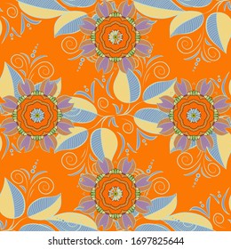 Manifold leaves on blue, orange and neutral colors. Leaves of palm. Print on cloth template. Tropical palm leaves seamless. Vector illustration. Jungle pattern.