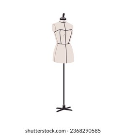 Manikin, dressmaking sewing dummy. Tailors dress form. Fabric mannequin on stand, base. Women figure manequin, torso, body model. Flat graphic vector illustration isolated on white background