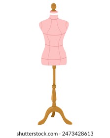 Manikin, dressmaking sewing dummy. Tailors dress form. Fabric mannequin on stand, base. Women figure manequin, torso, body model. Flat vector illustration isolated on white background