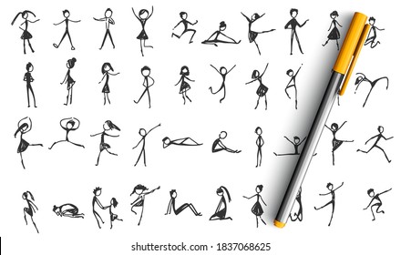 Manikins doodle set. Collection of hand drawn sketches templates patterns of happy and sad drawing comic people males females on white background. Dancing resting little stickmen women illustration.