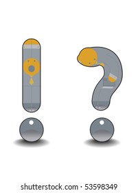 manikins exclamation and question mark, a stylized cartoon gray-orange tones