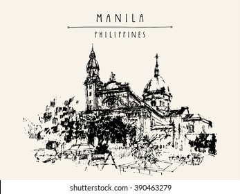 The Manila Cathedral. Intramuros, Manila, The Philippines, Asia. Hand drawn vintage postcard or poster template in vector