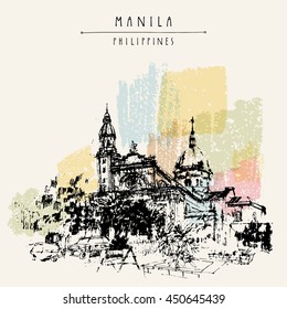 The Manila Cathedral. Intramuros, Manila, The Philippines, Asia. Hand drawn vintage postcard or poster template in vector