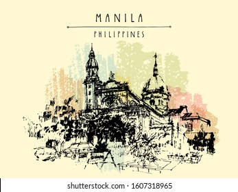 The Manila Cathedral. Intramuros, Manila, The Philippines, Southeast Asia. Travel skecth. Hand drawn horizontal  vintage postcard or poster. EPS 10 vector illustration