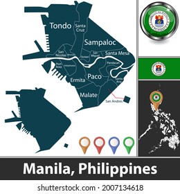 Manila city with districts and location on Filipino map. Vector image
