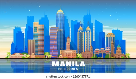 Manila city ( Philippines ) skyline with panorama in white background. Vector Illustration. Business travel and tourism concept with modern buildings. Image for banner or web site.