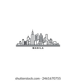 Paisaje urbano de Manila horizonte ciudad panorama Vector plano moderno logo icono. Idea de emblema de viaje de la capital de Filipinas con Lugares famosos y siluetas de construcción. Gráfico en negro de línea fina aislado