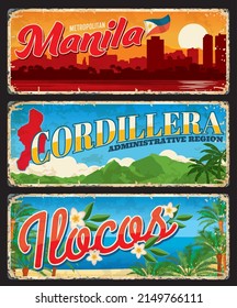 Manila, Cordillera and Ilocos, provinces of Philippines, vector travel plates and stickers. Philippines regions tin signs with landmarks, flags, maps and slogans for luggage tags