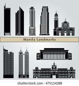 Manila landmarks and monuments isolated on blue background in editable vector file