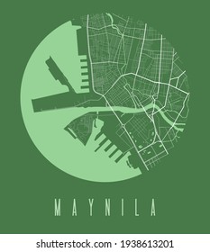Manila map poster. Decorative design street map of Manila city. Cityscape aria panorama silhouette aerial view, typography style. Land, river, highways, avenue. Round circular vector illustration.