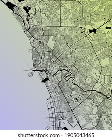 Manila, Metropolitan Manila, Philippines (PHL) - Urban vector megacity map with parks, rail and roads, highways, minimalist town plan design poster, city center, downtown, transit network