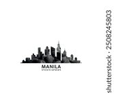 Manila panorama, vector badge, skyline logo and icon. Philippines capital city horizon logotype with landmarks and building silhouettes. Isolated foggy abstract gradient graphic