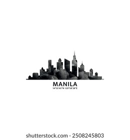 Manila panorama, vector badge, skyline logo and icon. Philippines capital city horizon logotype with landmarks and building silhouettes. Isolated foggy abstract gradient graphic