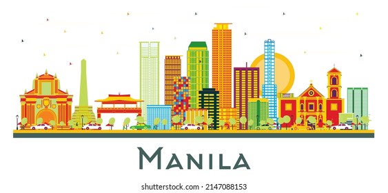 Manila Philippines City Skyline with Color Buildings Isolated on White. Vector Illustration. Business Travel and Tourism Concept with Modern Architecture. Manila Cityscape with Landmarks.