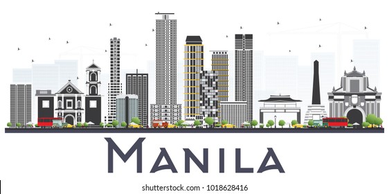 Manila Philippines City Skyline with Gray Buildings Isolated on White Background. Vector Illustration. Business Travel and Tourism Concept with Historic Buildings. Manila Cityscape with Landmarks.