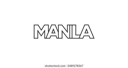Manila in the Philippines emblem. The design features a geometric style, vector illustration with bold typography in a modern font. The graphic slogan lettering.