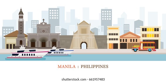 Manila, Philippines Landmarks Skyline, Cityscape, Travel And Tourist Attraction