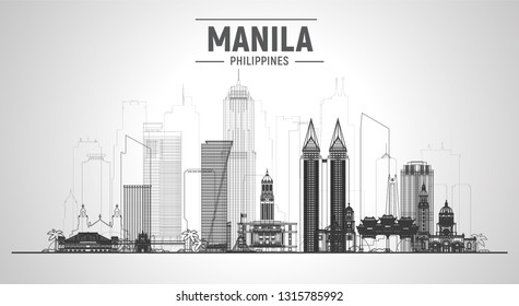 Manila Philippines line skyline with panorama in white background. Vector Illustration. Business travel and tourism concept with modern buildings. Image for banner or web site.