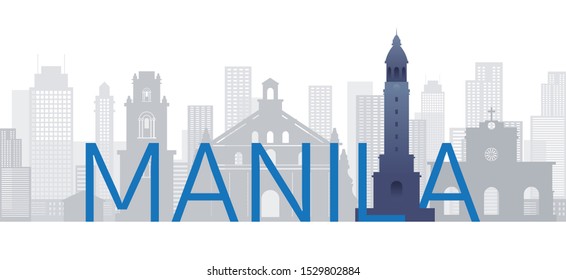 Manila, Philippines Skyline Landmarks with Text or Word, Famous Place and Historical Buildings, Travel and Tourist Attraction