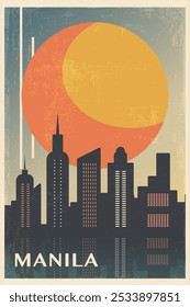 Manila retro city poster with abstract shapes of skyline, buildings. Philippines capital vintage travel vector illustration, cityscape at sunrise, sunset