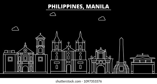 Manila silhouette skyline. Philippines - Manila vector city, filipino linear architecture, buildings. Manila travel illustration, outline landmarks. Philippines flat icon, filipino line banner