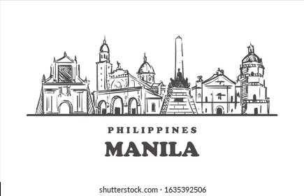Manila sketch skyline. Philippines, Manila hand drawn vector illustration. Isolated on white background. 