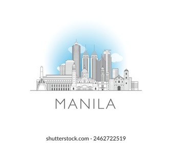 Manila skyline cityscape illustration in black and white 