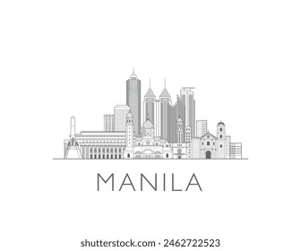 Ilustración del paisaje urbano del horizonte de Manila en blanco y negro 