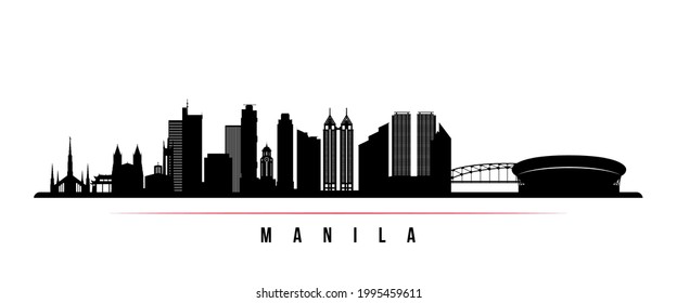 Manila skyline horizontal banner. Black and white silhouette of Manila, Philippines. Vector template for your design. 