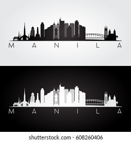 Manila skyline and landmarks silhouette, black and white design, vector illustration. 