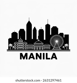Ilustración vectorial del horizonte de Manila: silueta mínima de la capital filipina con arquitectura icónica y costa Urbana