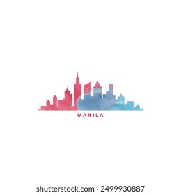 Manila watercolor cityscape skyline city panorama vector flat modern logo, icon. Philippines capital emblem concept with landmarks and building silhouettes. Isolated colorful graphic