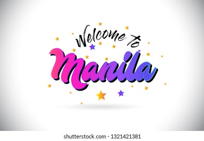 Manila Welcome To Word Text with Purple Pink Handwritten Font and Yellow Stars Shape Design Vector Illusration.