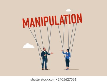 Manipulate man mind. Puppets in the business meeting.  Flat vector illustration