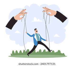 Manipular el concepto de manipulación de marionetas con marioneta. Ilustración de diseño gráfico plano vectorial 