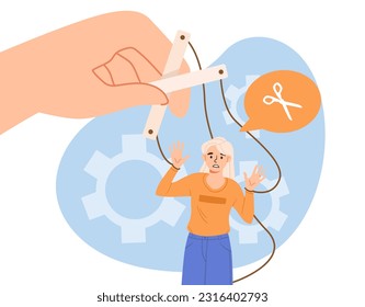 Manipulated woman on ropes concept. Manipulations and psychological abuse. Toxic relationships and work. Mental health and psychological problems. Cartoon flat vector illustration