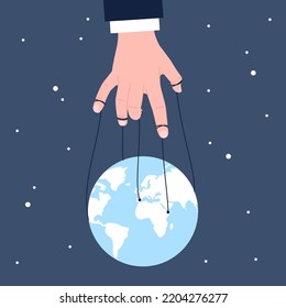 Manipulating and controlling world. Manipulator hold earth globe like puppet. Political and business games, domination and control. Conspiracy recent vector metaphor