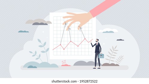 Manipulating market and control stocks with master power tiny person concept. Economy and finance flow influence and playing with trade statistics vector illustration. Fake data for business valuation