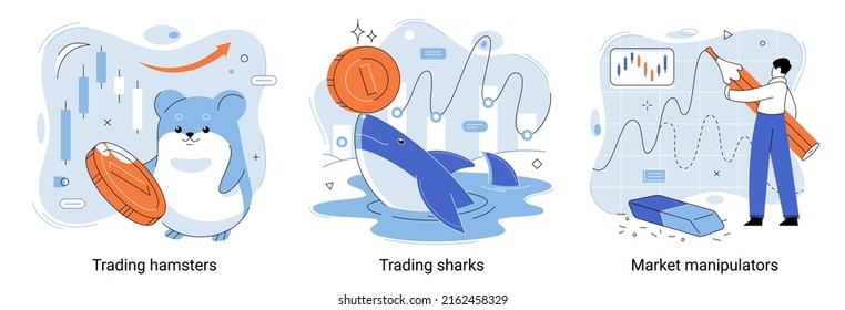 Manipulating market and control stocks with master power. Trading hamsters and sharks metaphor set. Fake data for business valuation. Inexperienced investor, bad investment, experienced traders