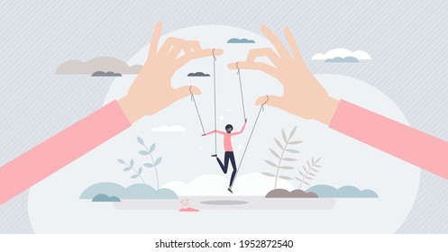 Manipulating people as control action with puppet strings tiny person concept. Employee and worker exploitation from leader or dominant role in relationship vector illustration. Mental weak human doll