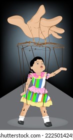 manipulation a behavior designed to exploit,control,or otherwise influence others to one’s advantage  vector flat illustration girl fastened to rope as a puppet helpless marionetic slave under control