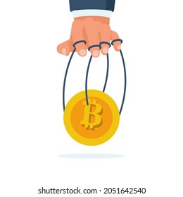 Manipulation bitcoin. Broker holds a coin on the ropes. Management stock market. Digital money. Vector illustration flat design. Isolated on white background.