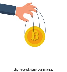 Manipulation bitcoin. Broker holds a coin on the ropes. Management stock market. Digital money. Vector illustration flat design. Isolated on white background.