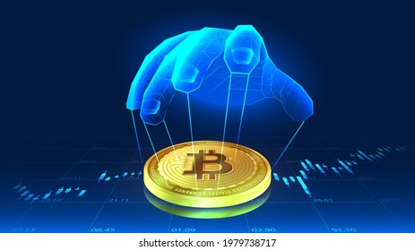 the manipulation of bitcoin by someone's hand in futuristic concept with trends background