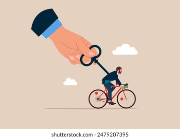 Manipulation boss. Businessman with bicycle key overworking. Flat vector illustration