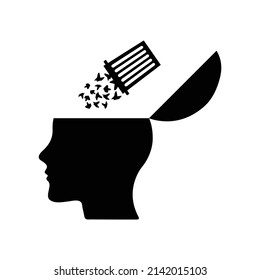 Manipulation and brainwashing icon. Vector illustration of open human head with garbage thrown out it from trash. Garbage in head, rubbish in brain symbol. Propaganda concept.