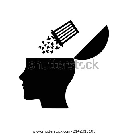 Manipulation and brainwashing icon. Vector illustration of open human head with garbage thrown out it from trash. Garbage in head, rubbish in brain symbol. Propaganda concept.