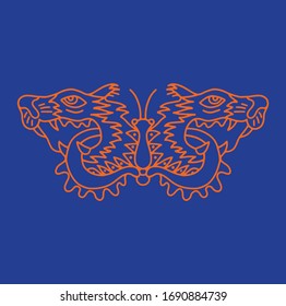 Manipulation butterfly and tiger outline vector vintage illustration